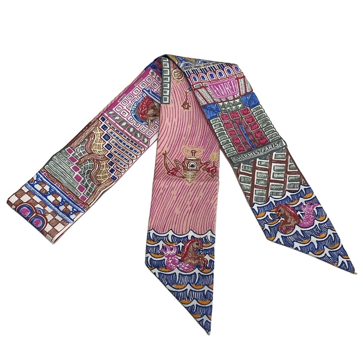 HERMES エルメス スカーフ ツイリー カーキ ピンク マルチ リボンスカーフ