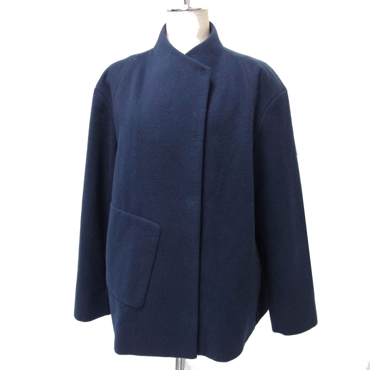 定価8万円 marimekko マリメッコ ノーカラー ウールコート ジャケット ハーフコート レディース ネイビー 上品デザイン