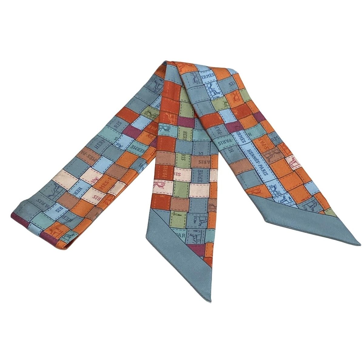 HERMES エルメス スカーフ ツイリー ブルーグリーン オレンジ マルチ リボンスカーフ ボルデュックリボン柄
