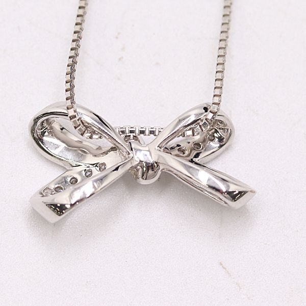 良品 ダイヤ リボンモチーフネックレス D0.10ct K18WG 3.5g