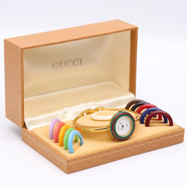 稼働 箱付 グッチ 11/12 チェンジベゼル QZ ホワイト文字盤 レディース