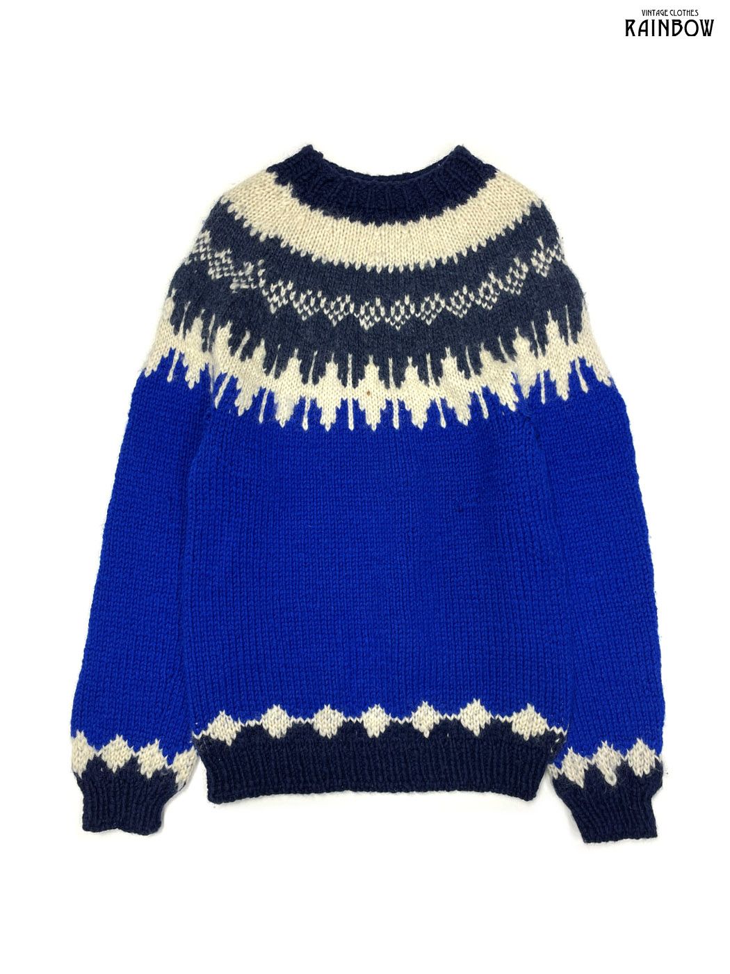 古着 総柄 ノルディック柄 ウール 長袖 ニット セーター 青 紺 白 ttu 2510147