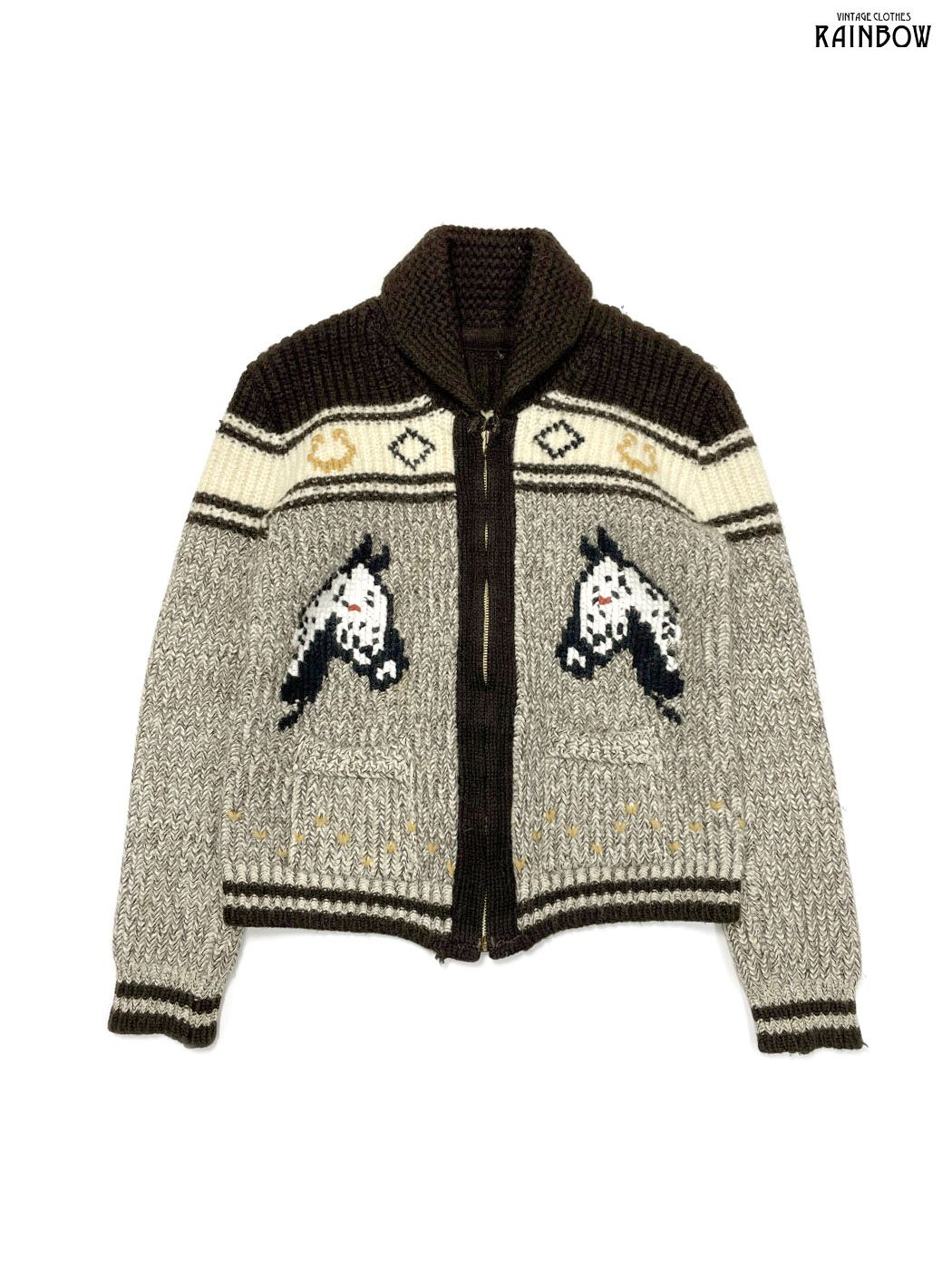 古着 馬 前開き 総柄 アニマル 長袖 ニット アウター 茶 ベージュ ttu 2511067