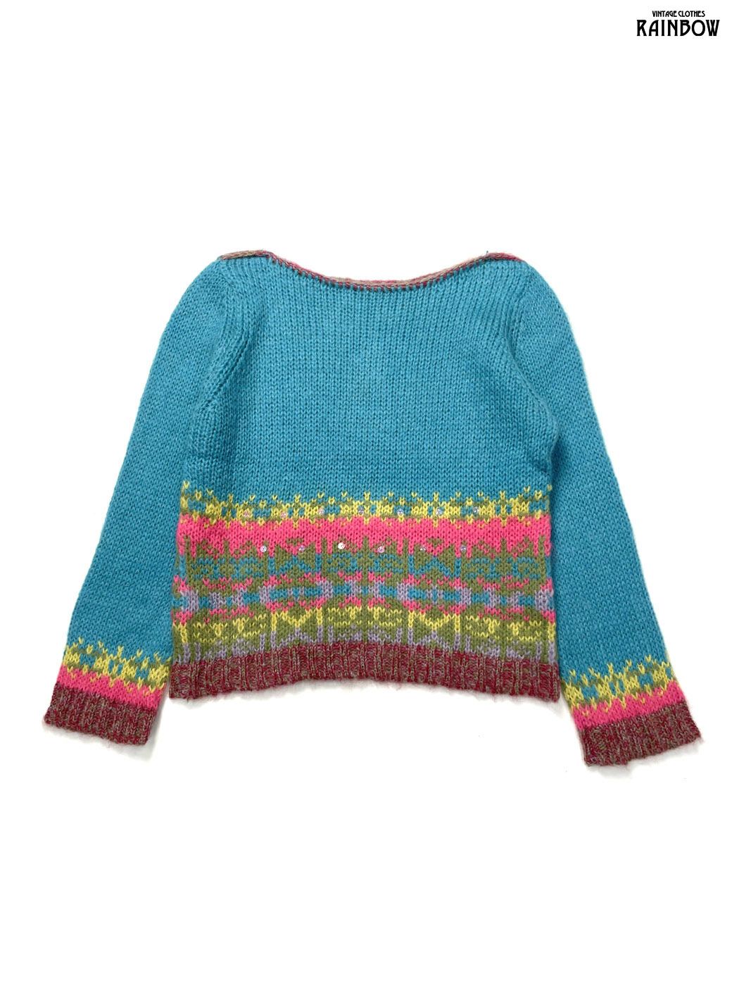 古着 UNITED COLORS OF ユナイテッドカラーズオブベネトン スパンコール 総柄 長袖 ニット セーター 青 ttu 2511098