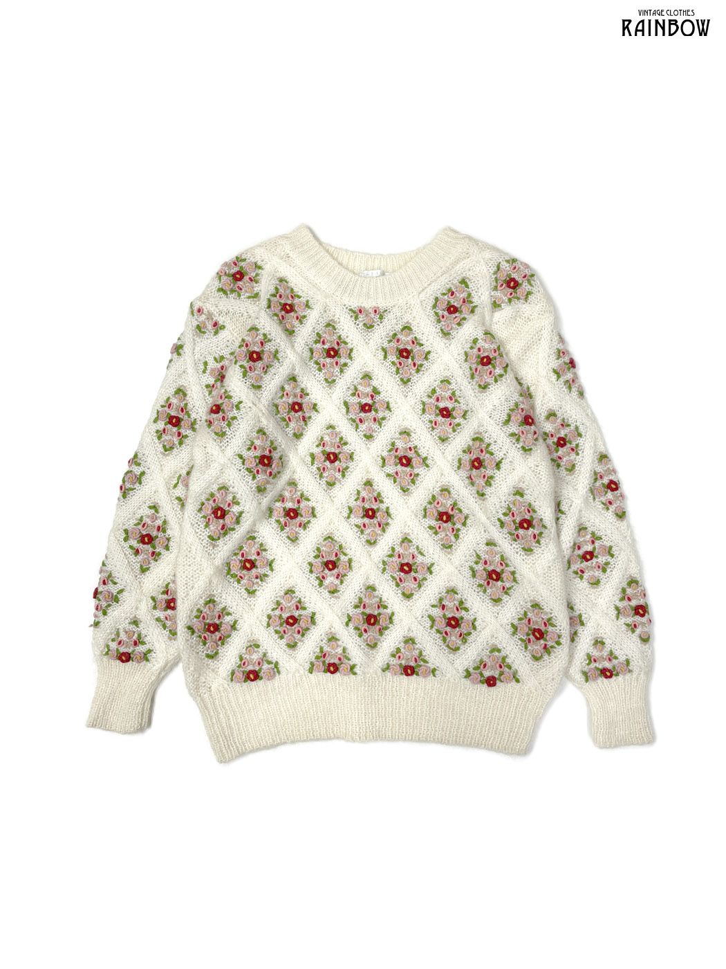 古着 THE LIMITED 刺繍 花柄 ウール 長袖 ニット セーター 白 ピンク 生成り ttu 2511106