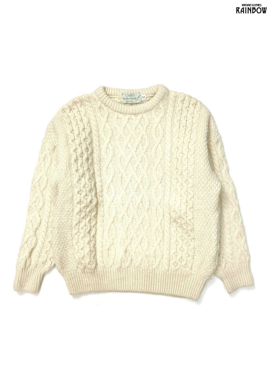 古着 Quill s Woollen Market ケーブル編み 無地 ウール100％ 長袖 フィッシャーマン ニット セーター ベージュ 生成り ttu 2512057