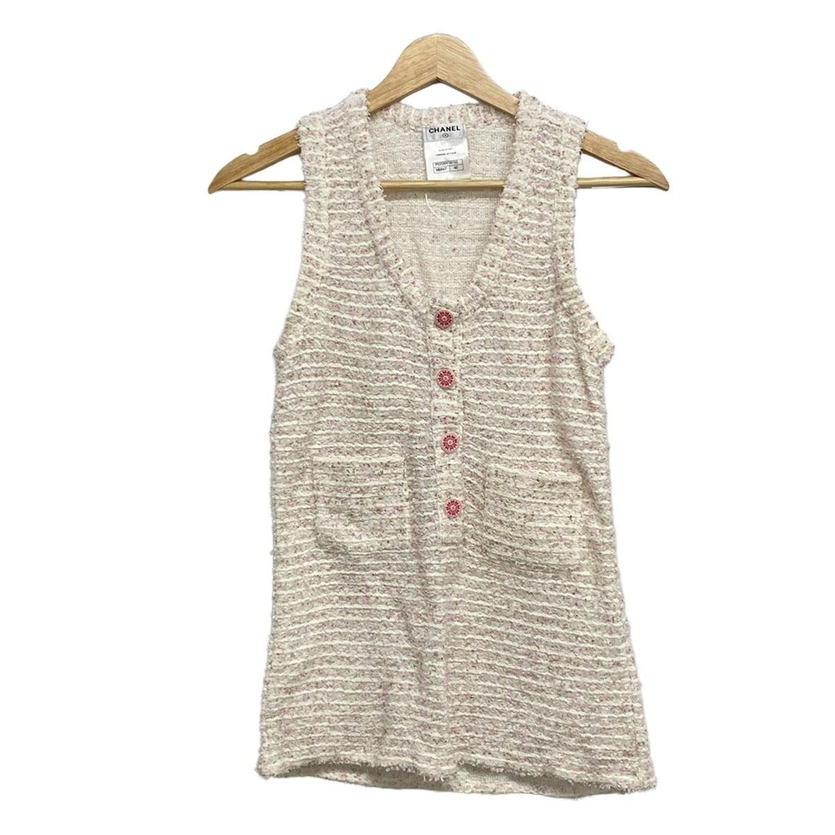 CHANEL シャネル ノースリーブカットソー サイズ40 M レディース P 53139 白 ピンク ニット