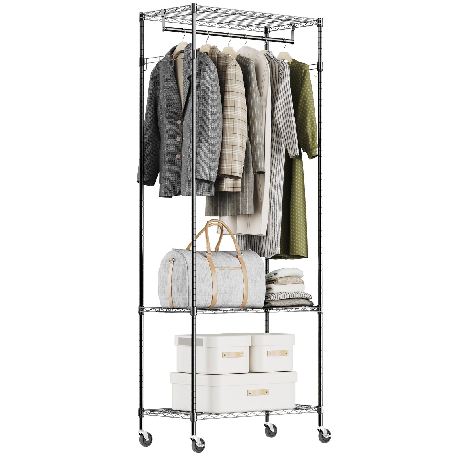 収納 棚 服掛け 洋服ラックポール 防錆 ハンガーパイプ1本 頑丈 幅75 奥行40 高さ189 3 cm 2段 ポール径19 1 mm パイプハンガー キャスター付き コート掛け おしゃれ ハンガーラック アジャスター付属 ?面 コート掛けフック付き IZEU