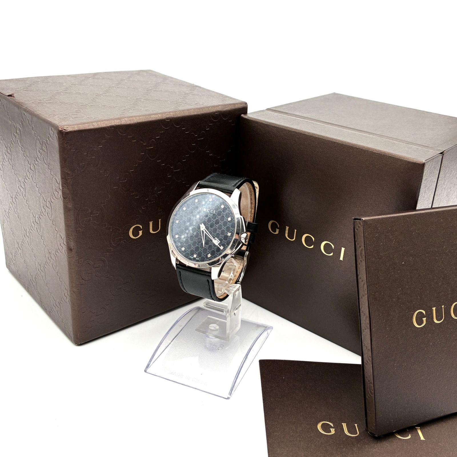 稼働品 GUCCI グッチ 腕時計 メンズ GG 12 Pダイヤ ジルコニア ディアマンテ シマレザー 黒 126 3 ステンレス