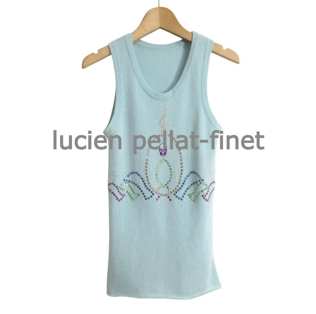 lucien pellat finet ルシアンぺラフィネ サイズS 音符 スカル ラインストーン ビジュー ニット Uネック ノースリーブ セーター トップス タンクトップ 水色 ライトブルー レディース