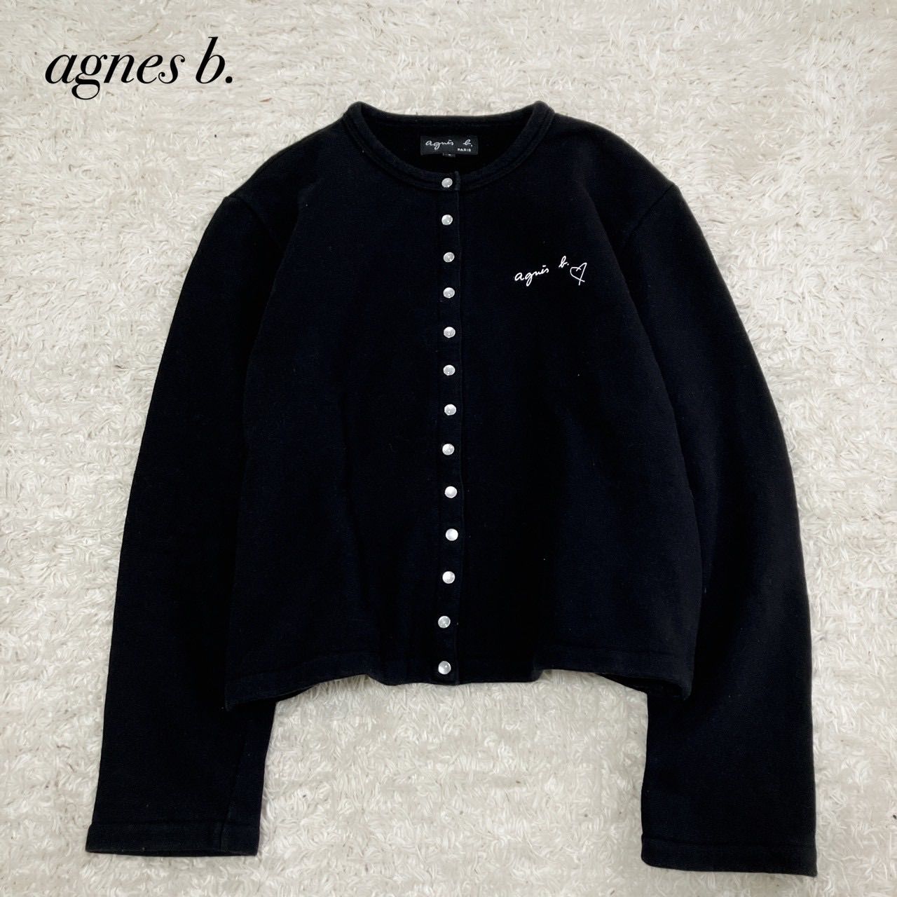 agnes.b アニエスベー プレッションカーディガン ハートロゴ ブラック サイズ2 近年モデル