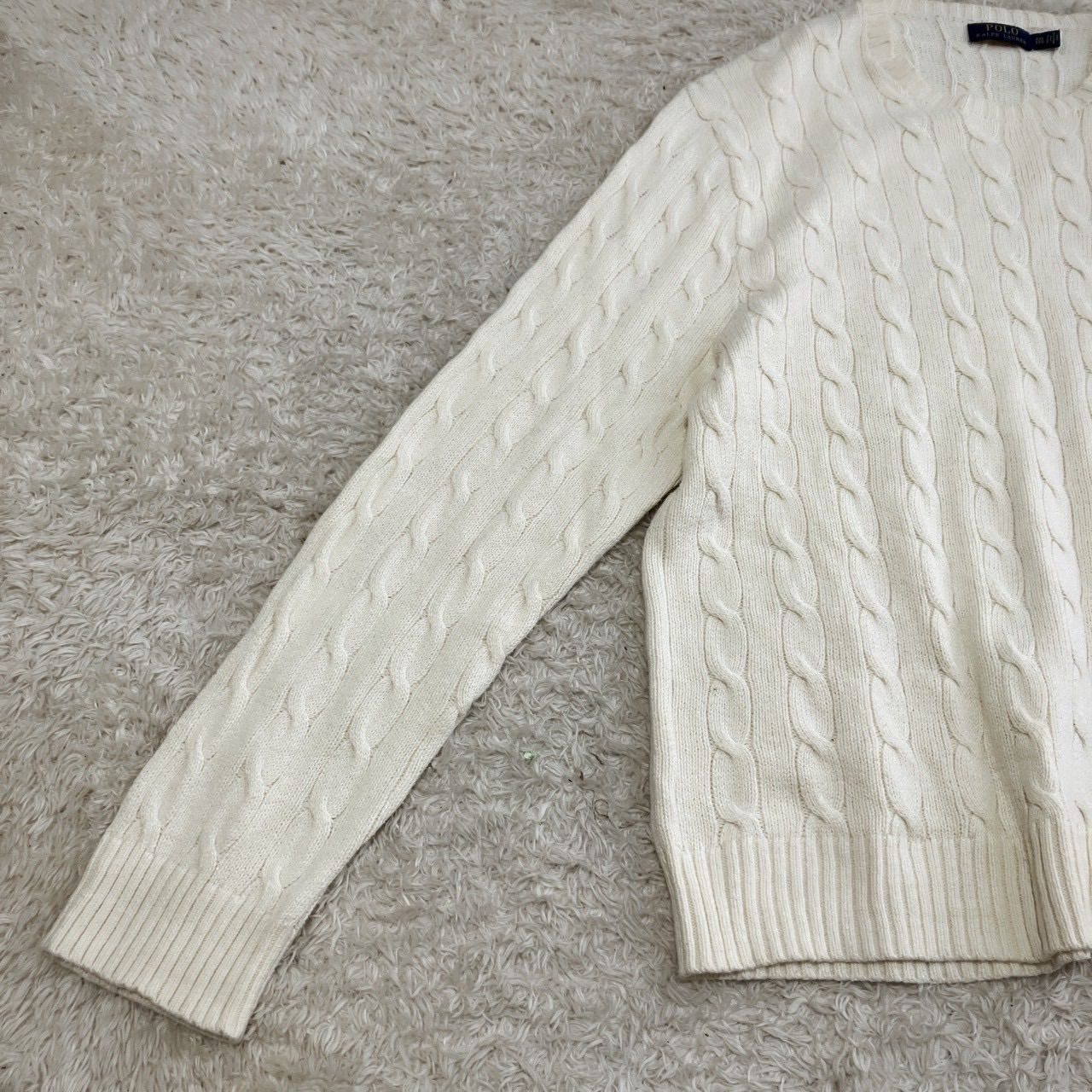 現行　ポロラルフローラン ケーブルニット カシミヤ リブ　M 　白ポニー刺繍 現行 ポロラルフローラン ケーブルニット カシミヤ リブ M 白ポニー