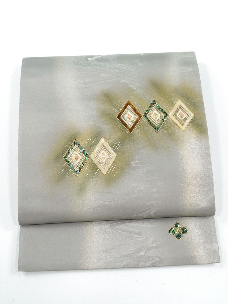 リサイクル 袋帯 ♥品 螺鈿 墨流し ダイヤ柄 光粋憲一作 落款入り 正絹 _ 西陣 セミフォーマル お呼ばれ カジュアル おしゃれ着 洒落着 パーティ お茶会 お稽古 練習 仕立て上がり fo 5225 kf