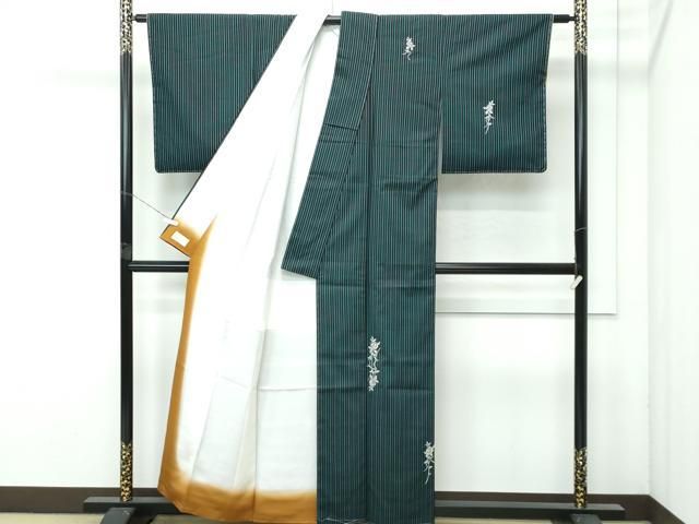 ● 上 訪問着 お召地 総刺繍 縞 薔薇 黒地 銀糸 やまと金ラベル ♥ s 6