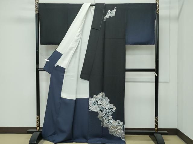 ● 上 金彩友禅 卓越技能者 名工 和田光正 訪問着 道長草花文 黒地 金銀彩 ♥ s 6