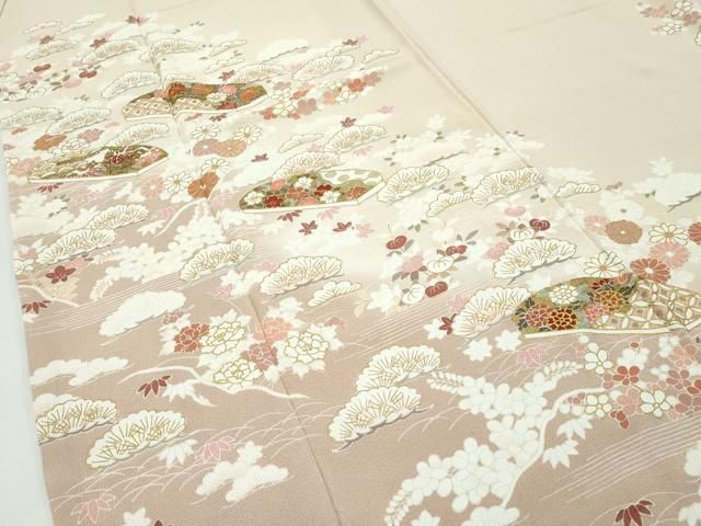平和屋本店●極上　訪問着・長襦袢セット　駒刺繍　松竹梅文箱花文　暈し染め　金彩　丁子色地　逸品　CZAA4878s6 平和屋本店○極上 訪問着・長襦袢セット 駒刺繍 松竹梅文箱花文 暈し