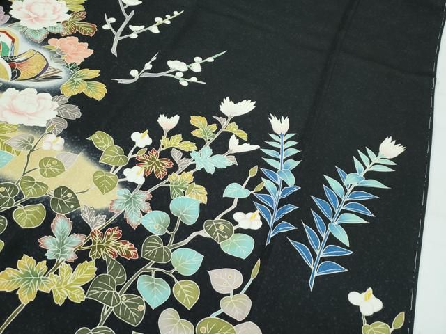 平和屋本店○極上 訪問着 総刺繍 鴛鴦草花文 暈し染め 黒地 金彩 逸品