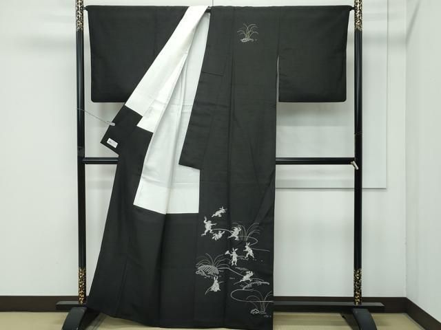 ● 上 訪問着 紬地 中国三大刺繍 総相良刺繍 黒地 やまと誂製 s 6