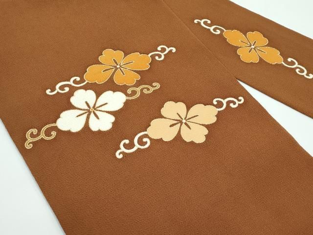 ● 上 銀座 志ま亀 九寸名古屋帯 花唐草文 金彩 鬼しぼ縮緬 灰茶色地 たとう紙付き s 6