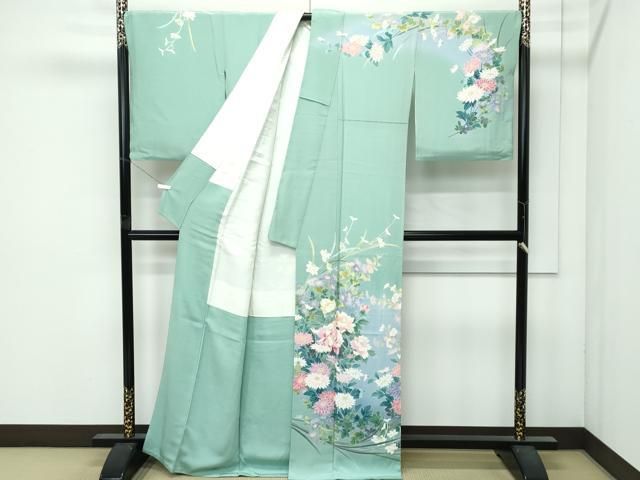 ● 上 訪問着 友禅 作家物 草花文 暈し染め 山葵色地 s 6