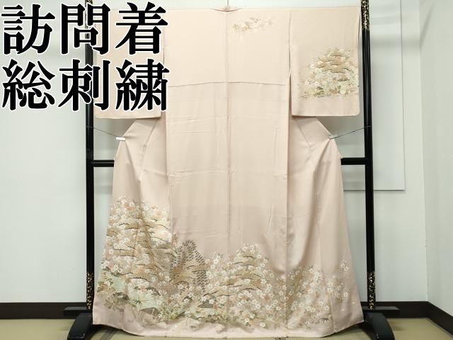 ● 上 訪問着 総刺繍 中国三大刺繍 相良刺繍 花松文 金糸 香色地 s 6