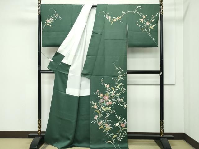● 上 創業460年 千總 訪問着 刺繍 更紗花文 金彩 千歳緑色地 扱い s 6