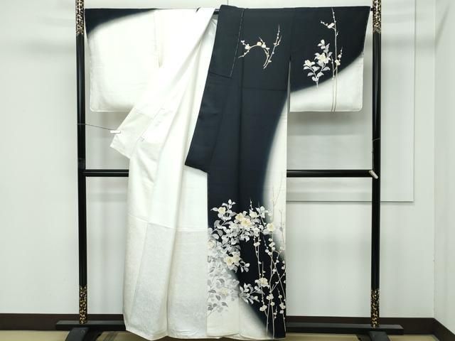 ● 上 訪問着 駒刺繍 枝花文 暈し染め 黒地 ♥ s 6