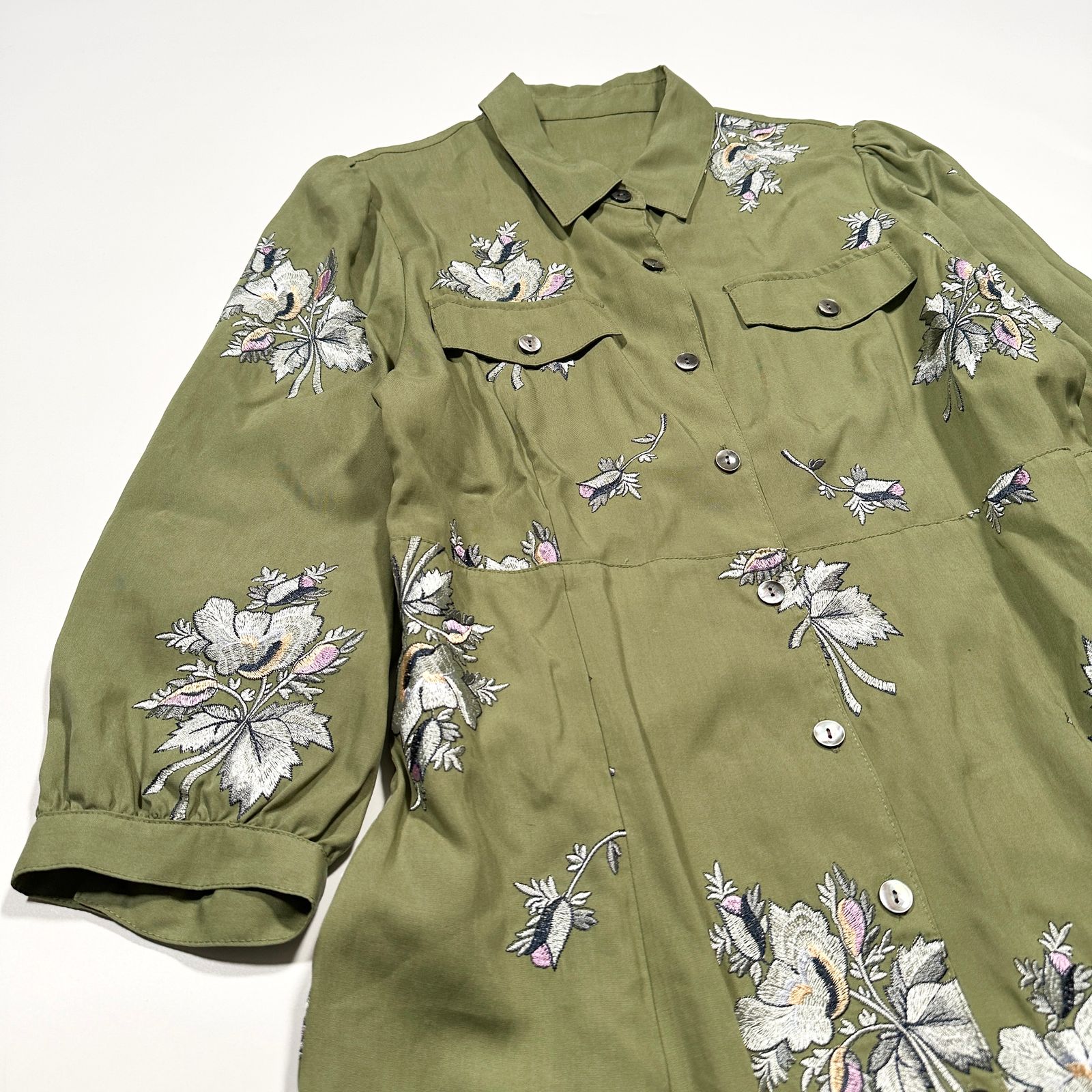 GRACE グレースコンチネンタル フラワー刺繡 シャツワンピース ロング丈 38