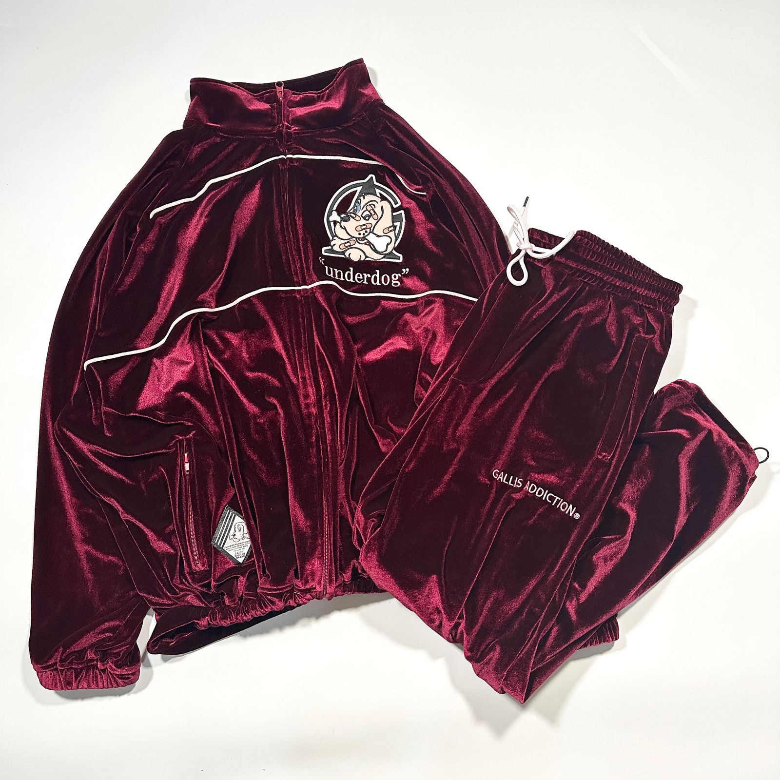 GALFY ガルフィー セットアップ ベロア トラックスーツ トラックジャケット トラックパンツ レッド ボルドー ベルベット ジャージ 刺繍 XL 大型犬 やんちゃ系 Y 2 K