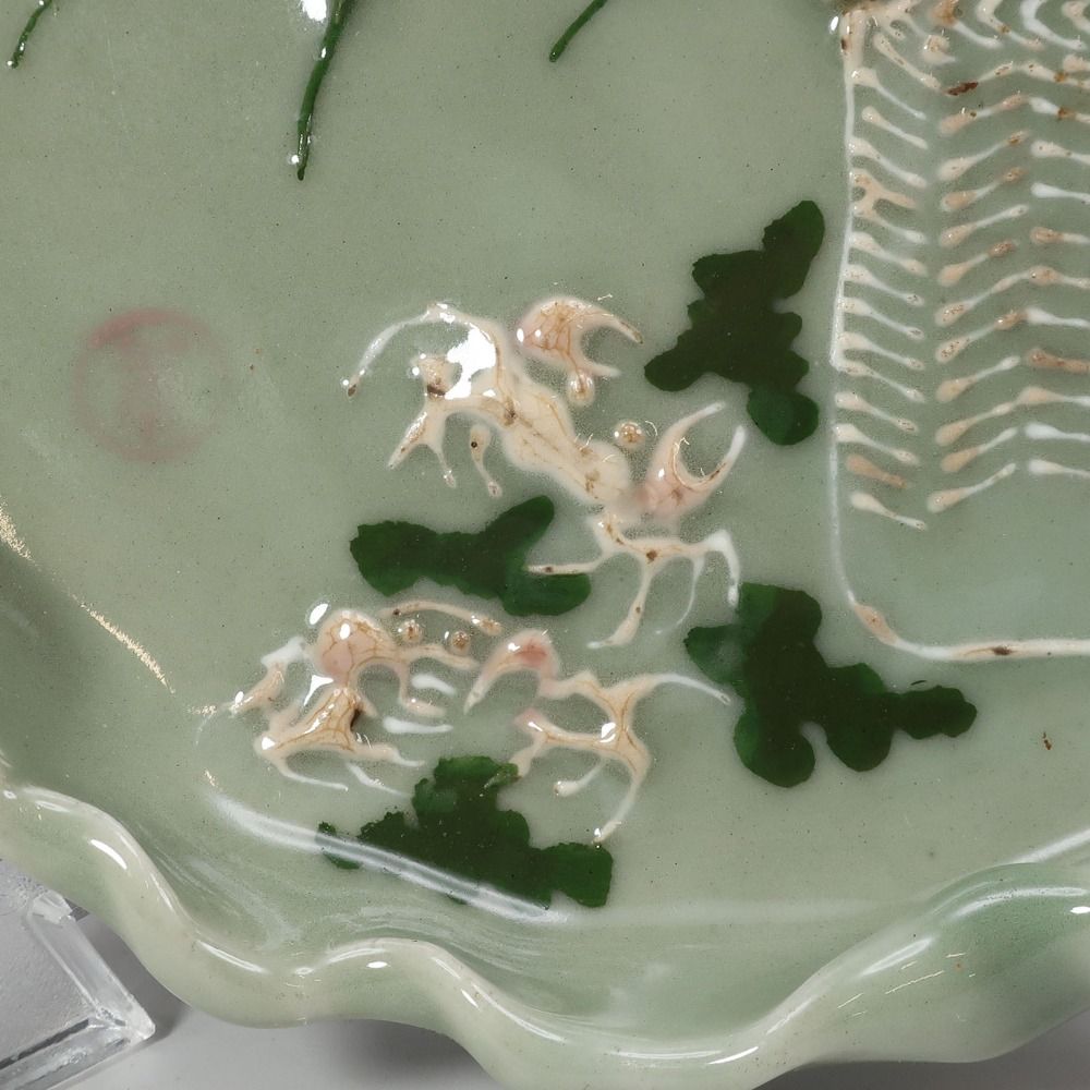 Seto ware】瀬戸焼 加藤春花 作 手練り青磁 蟹紋皿 陶磁器 _ 骨董品