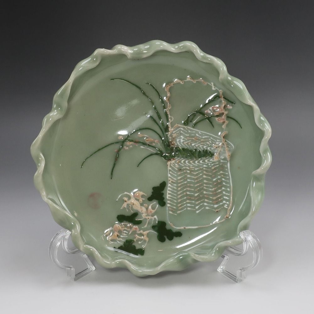 Seto ware】瀬戸焼 加藤春花 作 手練り青磁 蟹紋皿 陶磁器 _ 骨董品