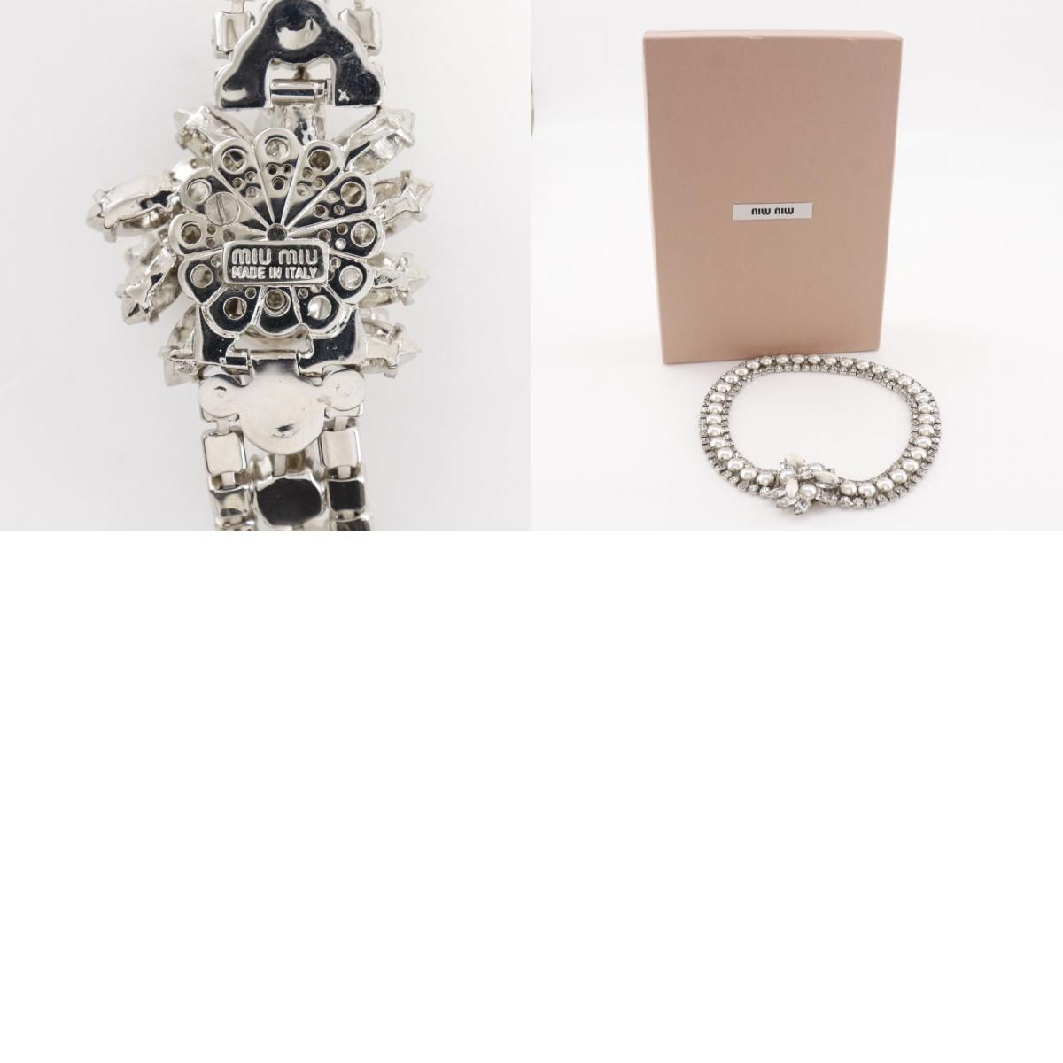 MIUMIU】ミュウミュウ 金属製×ラインストーン×フェイクパール シルバー 