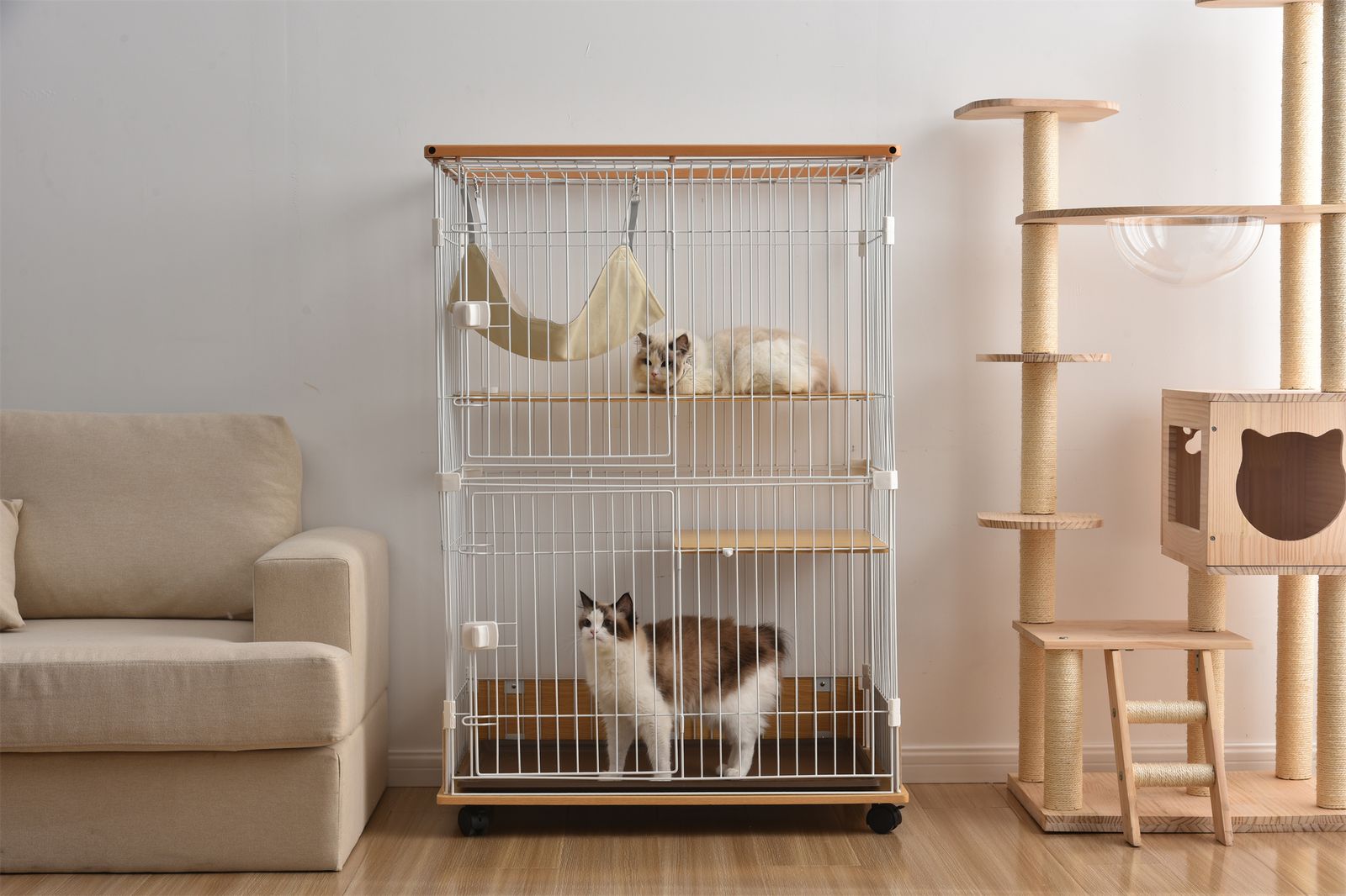 猫 キャットケージ 木製 二段 ナチュラル 1段2段 キャスター付 キャットハウス留守番 保護 脱走防止 多頭飼い