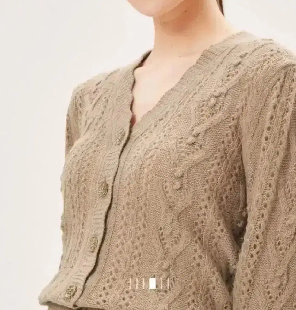 ハンサム TIME スカラップニットカーディガン ベージュ Vネック アルパカ ウール ケーブル