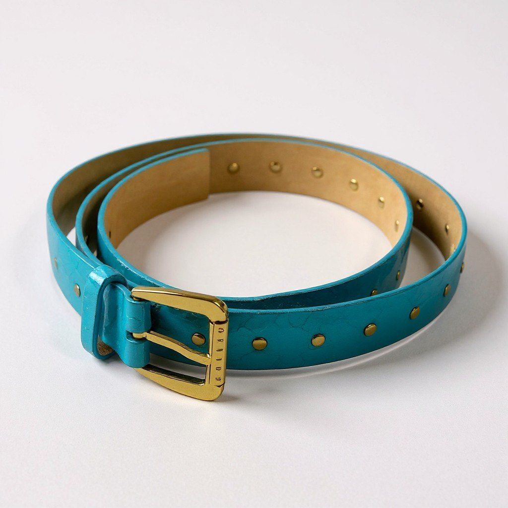 a 6 CELINE セリーヌ ベルト 型押し メタリック イタリア製 ターコイズブルー レザー 本革 レディースk 02 i