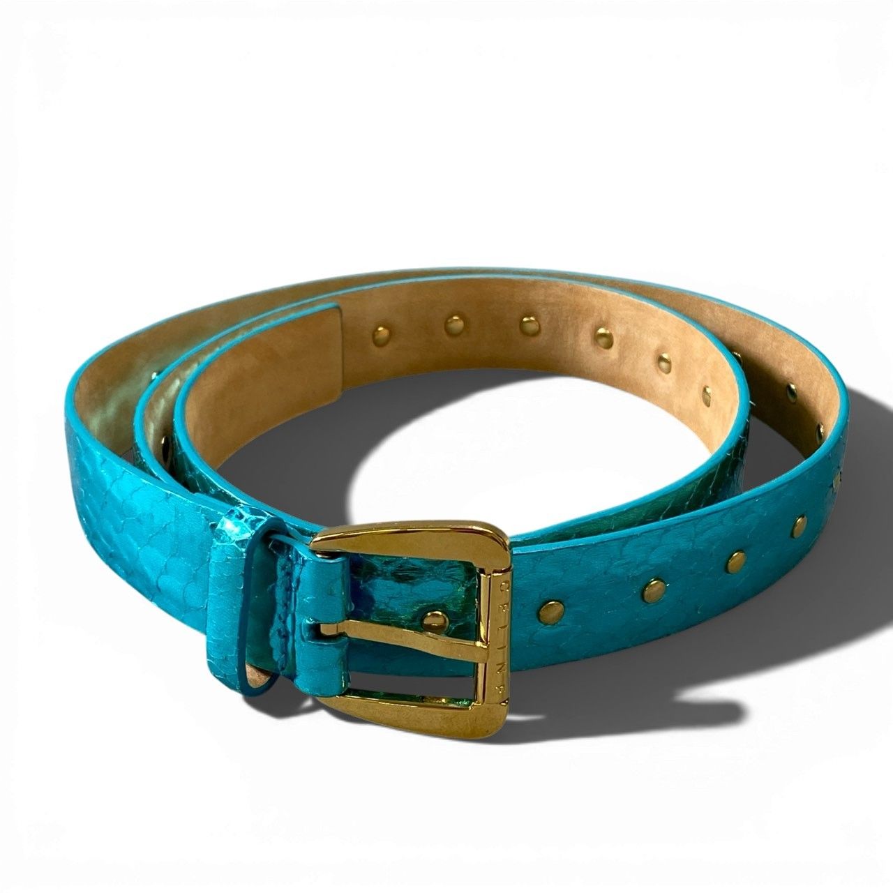 a 6 CELINE セリーヌ ベルト 型押し メタリック イタリア製 ターコイズブルー レザー 本革 レディースk 02 i