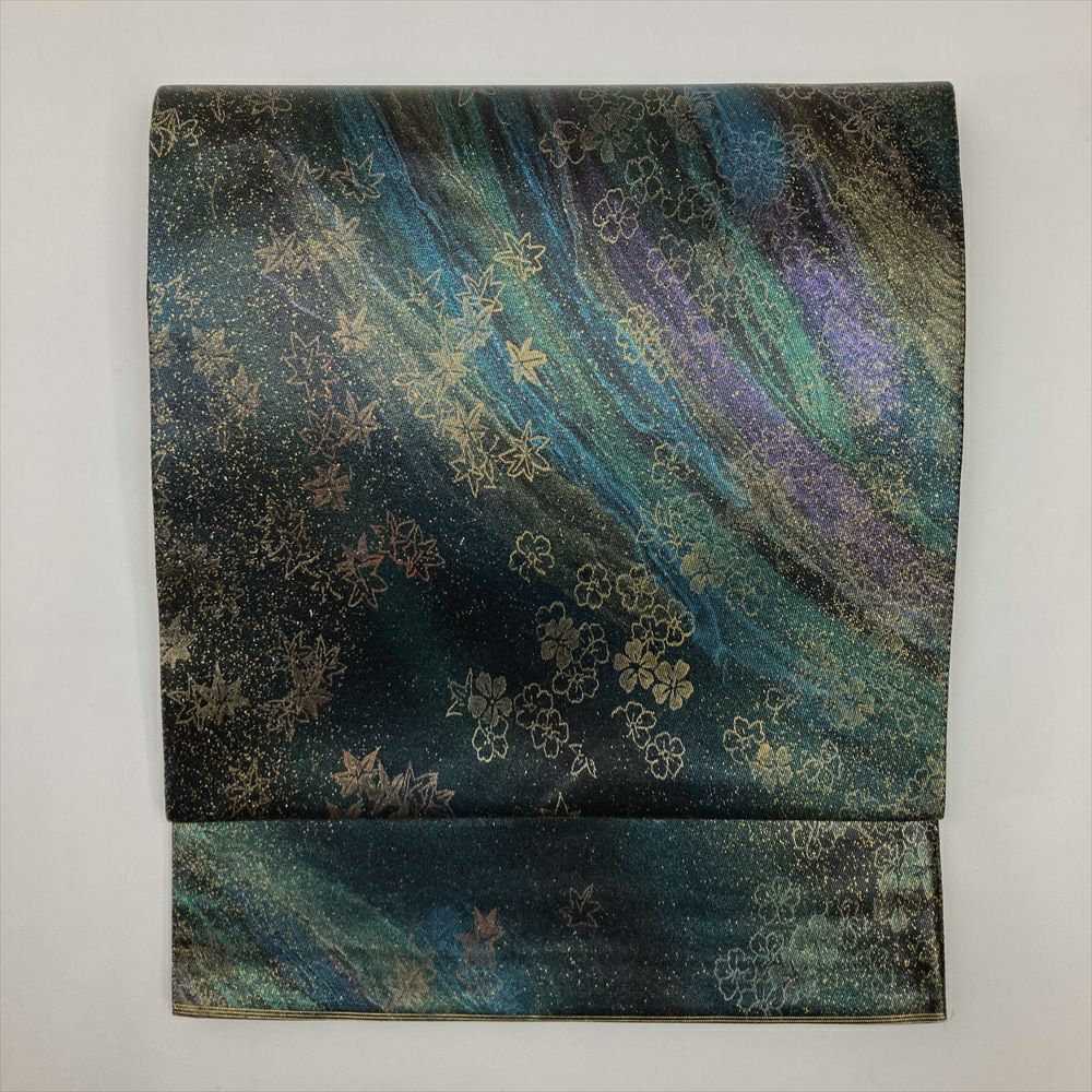 たんす屋 リユース帯 帯 袋帯 黒 金 青緑 紫 セミフォーマル 六通 桜 紅葉 柄箔 グラデーション