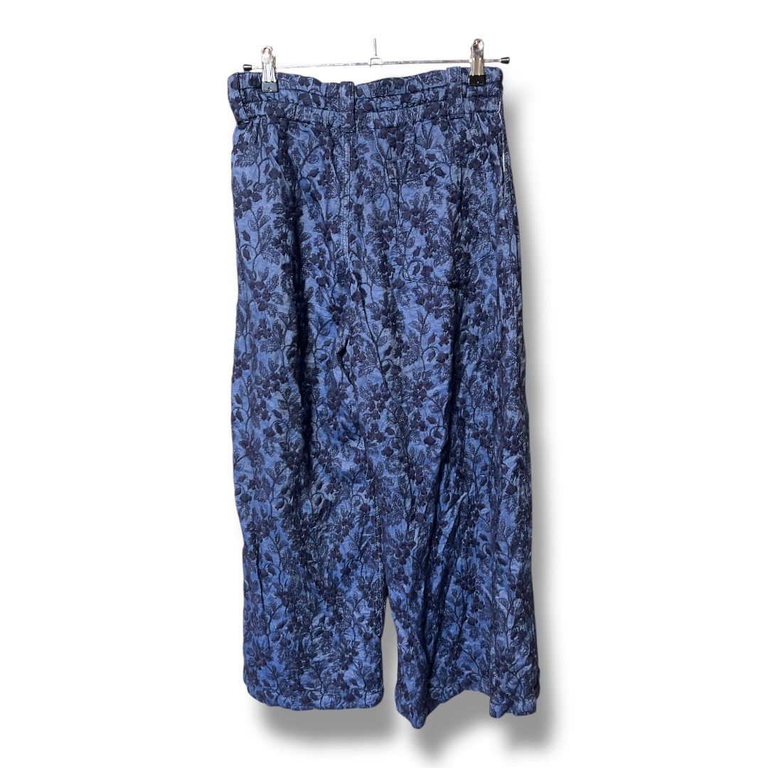 ビアズリー 刺繍バギーパンツ ウエストゴム ワイドパンツ 花柄刺繍 カジュアルパンツ ウエスト調整 レディース サイズ1 ネイビーブルー 春 18 No K 1152