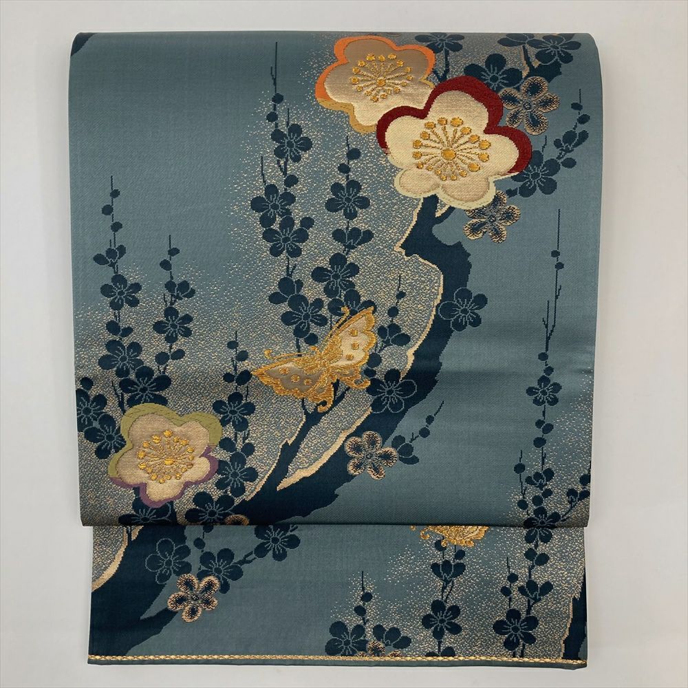 たんす屋 リユース帯 帯 袋帯 薄藍 セミフォーマル カジュアル 六通 引箔 金糸 梅 蝶