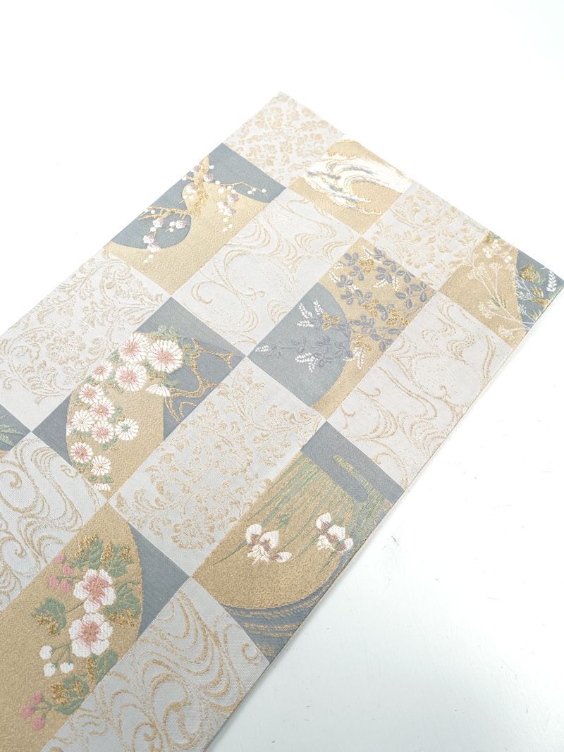 リサイクル 袋帯 ♥品 琳派 金銀糸 市松四季文 六通柄 正絹 _ 西陣 フォーマル 礼装 セミフォーマル 結婚式 入学式 卒業式 お呼ばれ パーティ お茶会 仕立て上がり fo 5825 dr テーパード 定番アイテム