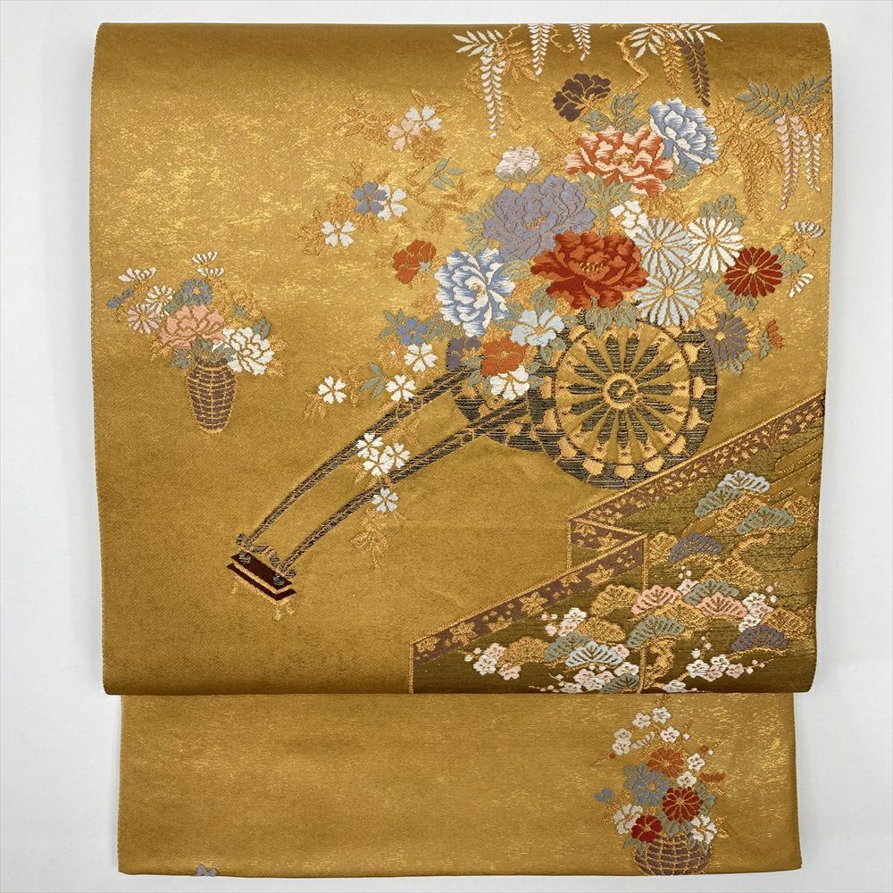 たんす屋 リユース帯 帯 袋帯 金 山吹色 セミフォーマル カジュアル 六通 手織引箔 金糸 花車 四季花 燦金の世界