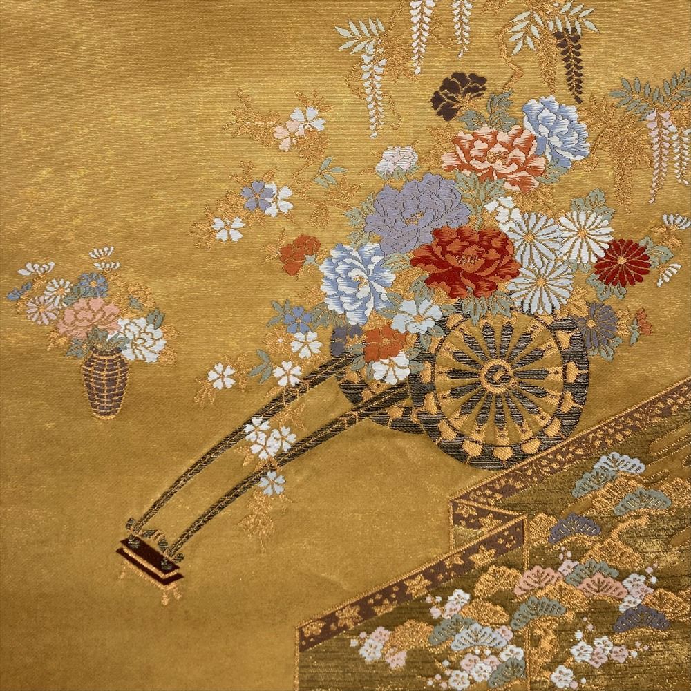 たんす屋 リユース帯 帯 袋帯 金 山吹色 セミフォーマル カジュアル 六通 手織引箔 金糸 花車 四季花 燦金の世界
