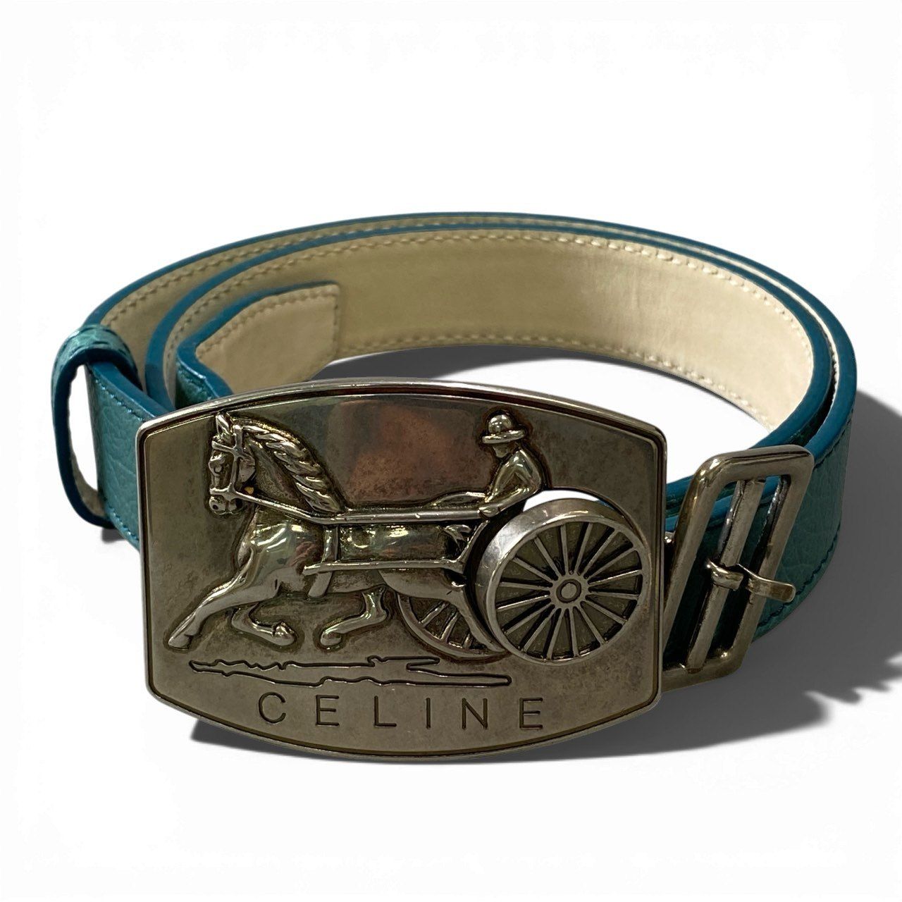 美品✨セリーヌ ツイード 馬車ベルト ウール イタリア製　リブニット a6 CELINE セリーヌ ベルト 馬車 ロゴバックル イタリア製 M グリーン