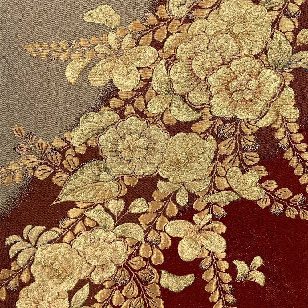 たんす屋 リユース帯 帯 袋帯 赤 フォーマル セミフォーマル 六通 ふくれ織り 金糸 辻が花