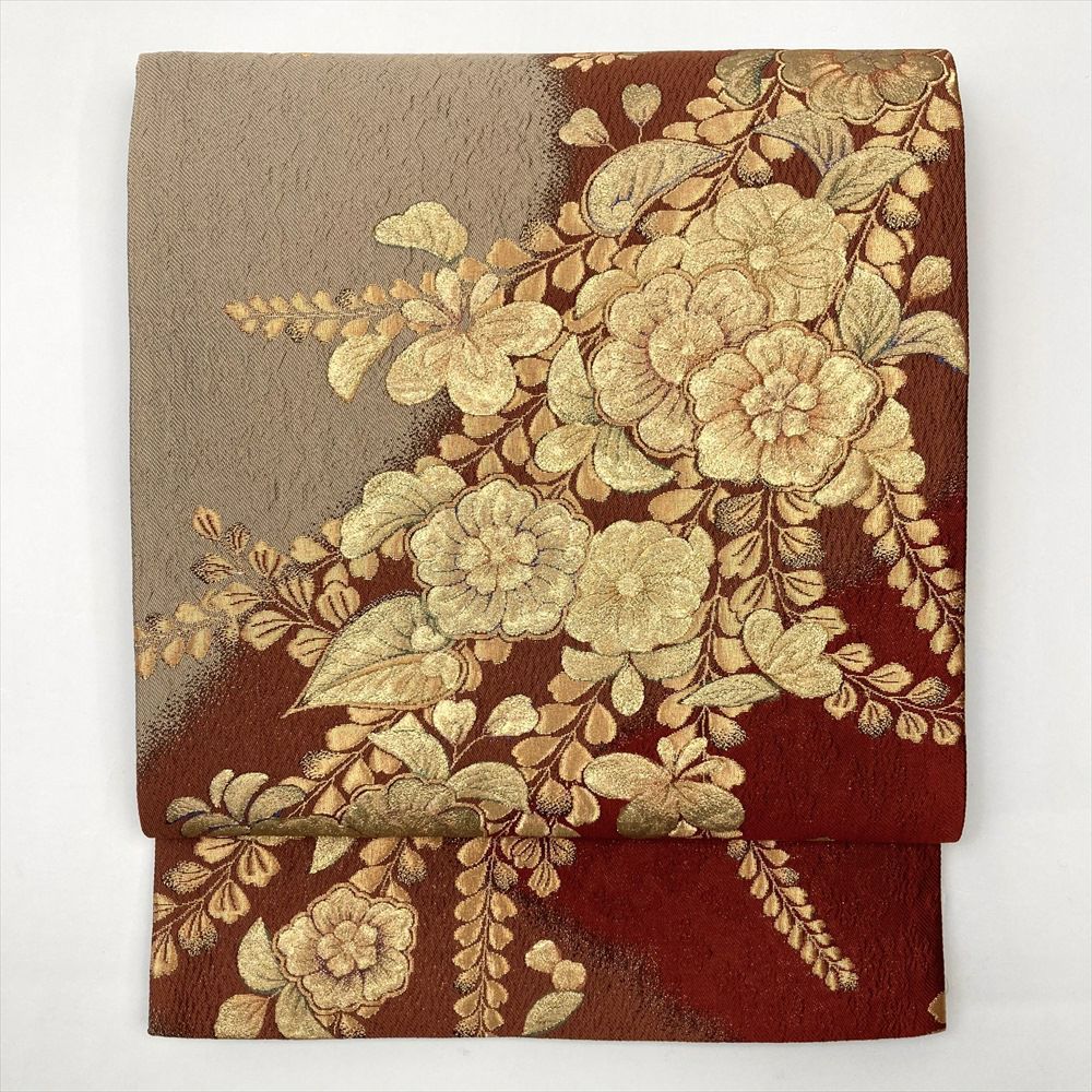 たんす屋 リユース帯 帯 袋帯 赤 フォーマル セミフォーマル 六通 ふくれ織り 金糸 辻が花