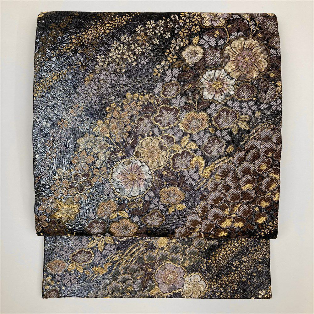たんす屋 リユース帯 帯 袋帯 黒 フォーマル セミフォーマル 六通 金糸 銀糸 辻が花