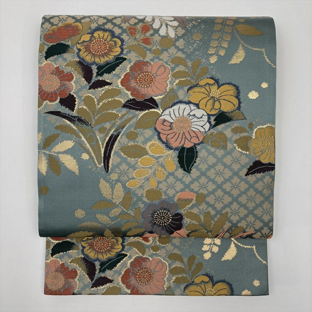 たんす屋 リユース帯 帯 袋帯 緑 フォーマル セミフォーマル 六通 金糸 辻が花 花菱