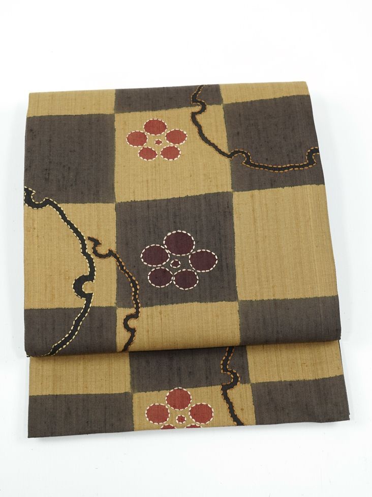 リサイクル 袋帯 ♥品 縦節紬 刺子 染め 市松文 雪輪 梅鉢 六通柄 正絹 _ 西陣 カジュアル おしゃれ着 洒落着 普段着 パーティ お茶会 お稽古 練習 仕立て上がり fo 5925 di