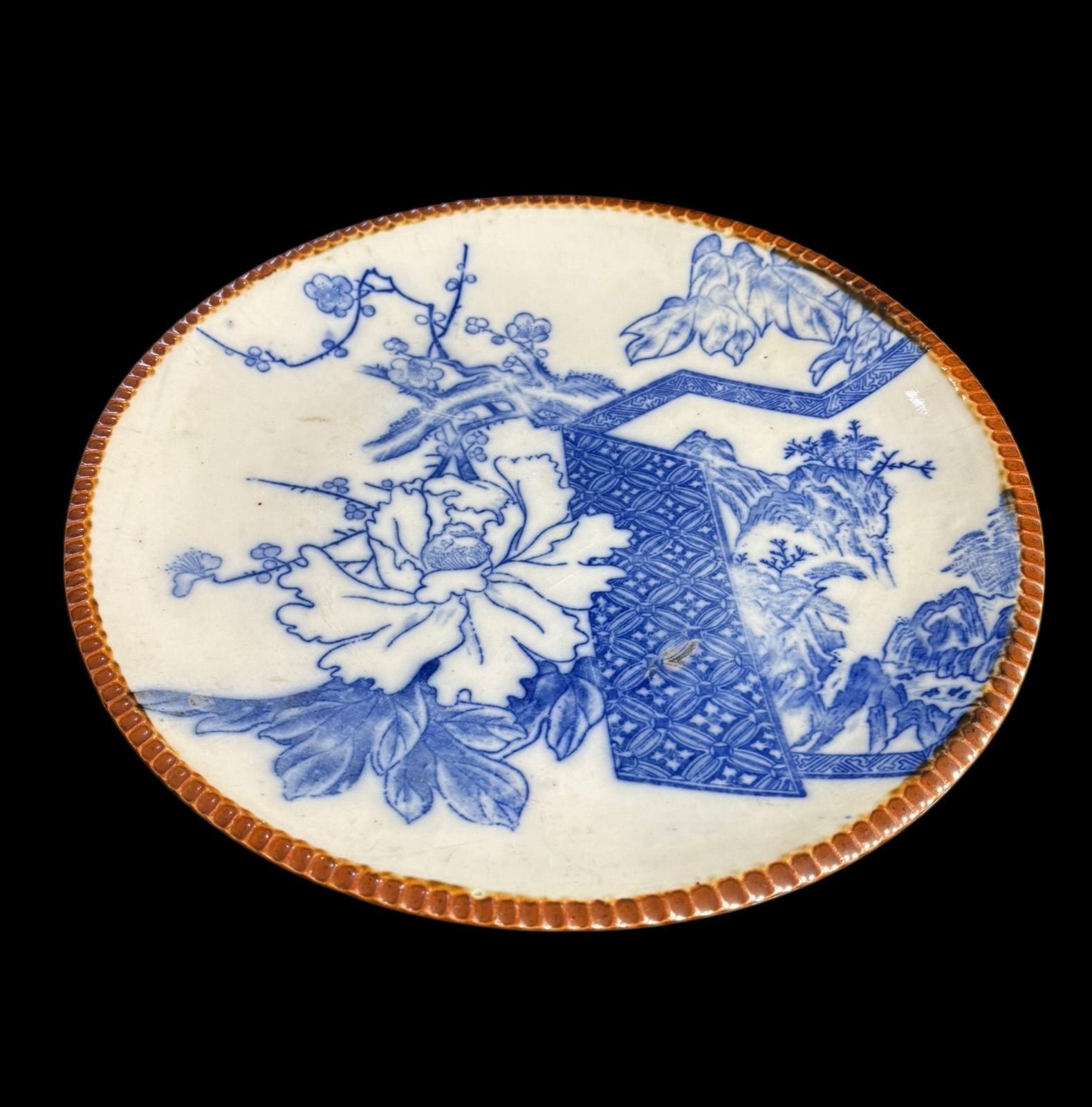 明治期 古伊万里 印判 牡丹梅山水図 染付 大皿 イゲ皿 取り皿 飾り皿