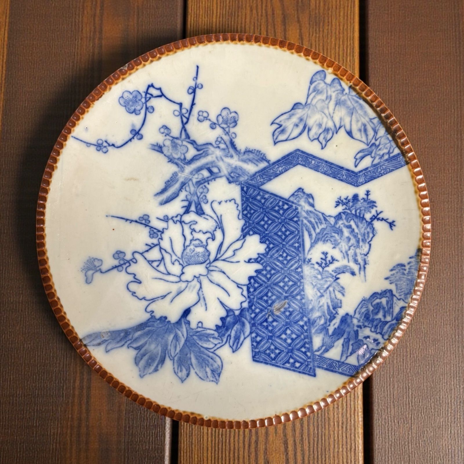 明治期 古伊万里 印判 牡丹梅山水図 染付 大皿 イゲ皿 取り皿 飾り皿